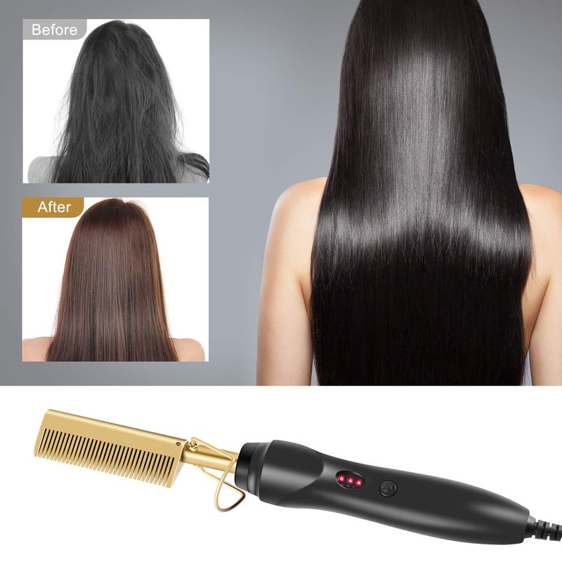 AIHOPESTO Electric Hot Comb Hair Straightener - Heat Pressing Comb Portable Curling Flat Iron Curlers High Heat Ceramic Press Comb - Professional Electrical Straightening Comb