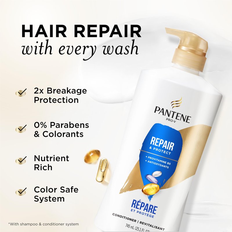 Pantene Conditioner, Repair & Protect - Pro-V Nutrients, 2x Breakage Protection for Dry, Color-Treated Hair, Healthy Looking Hair Every Wash, Antioxidant-Rich, Paraben Free, 25.1 Fl Oz