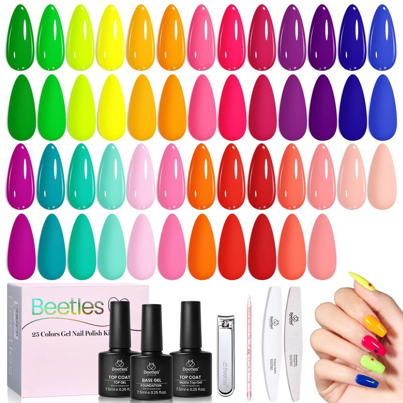 beetles Neon Gel Polish Set - Neon Summer Collection, Green Blue Purple 25 Summer Bright Colors Rainbow Gel Polish with Base Glossy Matte Top Coat UV LED Soak Of Gifts for Women 4th of July Nails