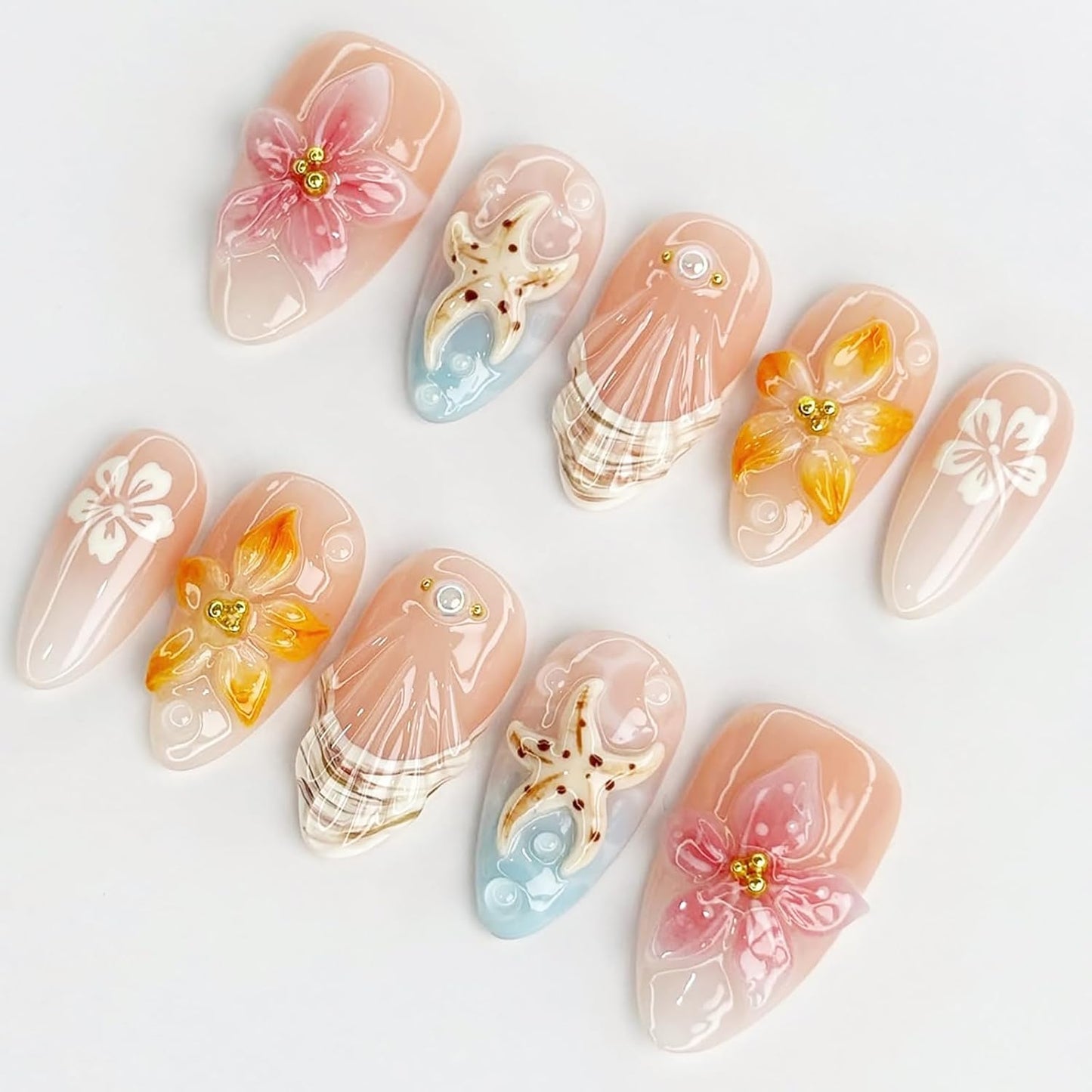 Summer Beach Press-On Nails - 30 Pcs French Almond Shape with 3D Seashell & Starfish Design | Glossy Ocean Theme Acrylic