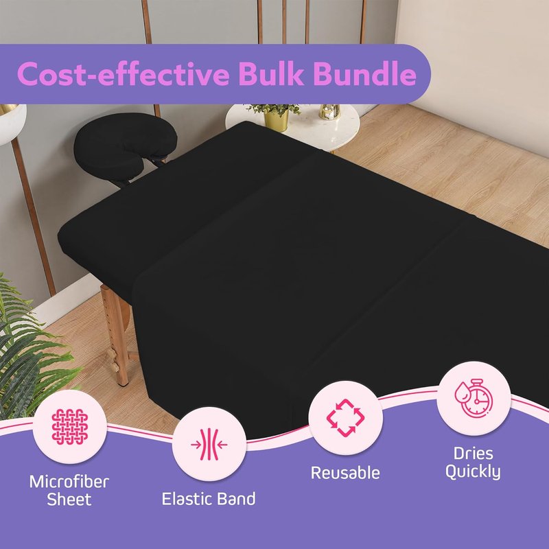Massage Table Sheets Set - 3-Piece Microfiber Spa Bed Cover | Soft, Wrinkle & Oil Resistant - Black