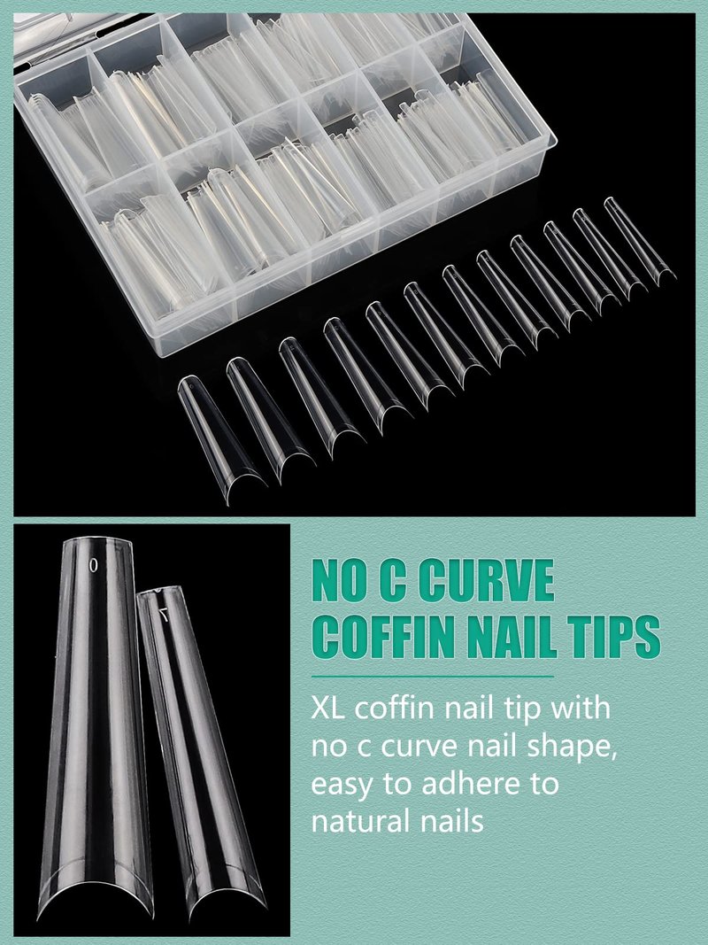 480PCS XL Long Clear Nail Tips, 240PCS Coffin Nails Tips with 240PCS NO C Curve Square Nail Tips for Acrylic Nails Professional, Half Cover Straight Ballerina Nail Extension Tips for Nail Salons Home