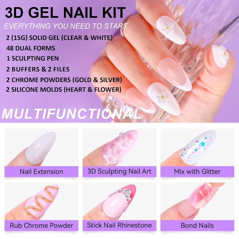 3D Gel Nail Art Starter Kit - Clear & White Sculpting Gel with Chrome Powder | Non-Sticky Molding & Carving Glue