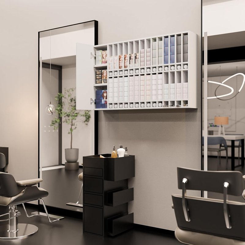 OmySalon Wall Mounted Salon Station - Hair Color Rack Organizer with Adjustable Shelves | White