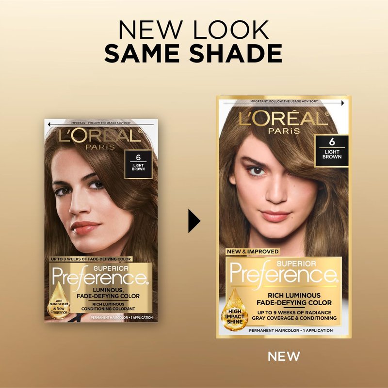 L'Oreal Paris Superior Preference Luminous Fade-Defying Permanent Hair Color, Hair Dye For Up to 9 Weeks of Radiance, Light Brown 6, 1 Hair Dye Kit (Pack of 2)