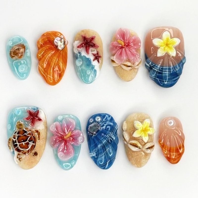 24Pcs 3D Tropical Beach Press on Nails - Summer Ocean Fake Nails with Turtle Starfish Shell Floral Design, Almond Shape Reusable Glue on Nails for Women Vacation Beach Party Nail Art Decorations