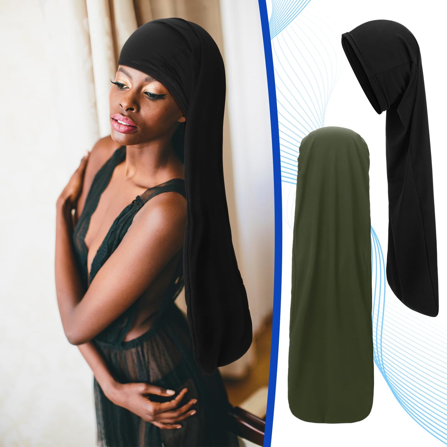 Twistover 2 Pcs Jumbo Dreadlock Cap Hair Dreads Head Wrap Loc Wraps for Dreads Hair Accessories for Men Women Sleeping (Black, Army Green,30 Inches)