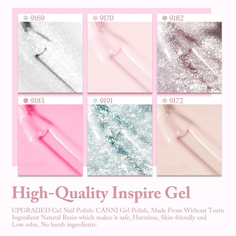 CANNI 9ml Gel Nail Polish Set, 6 Colors HEMA-Free Pink Glitter Nude Manicure Kit, Long-Lasting Gel Polish for Salon & DIY Use