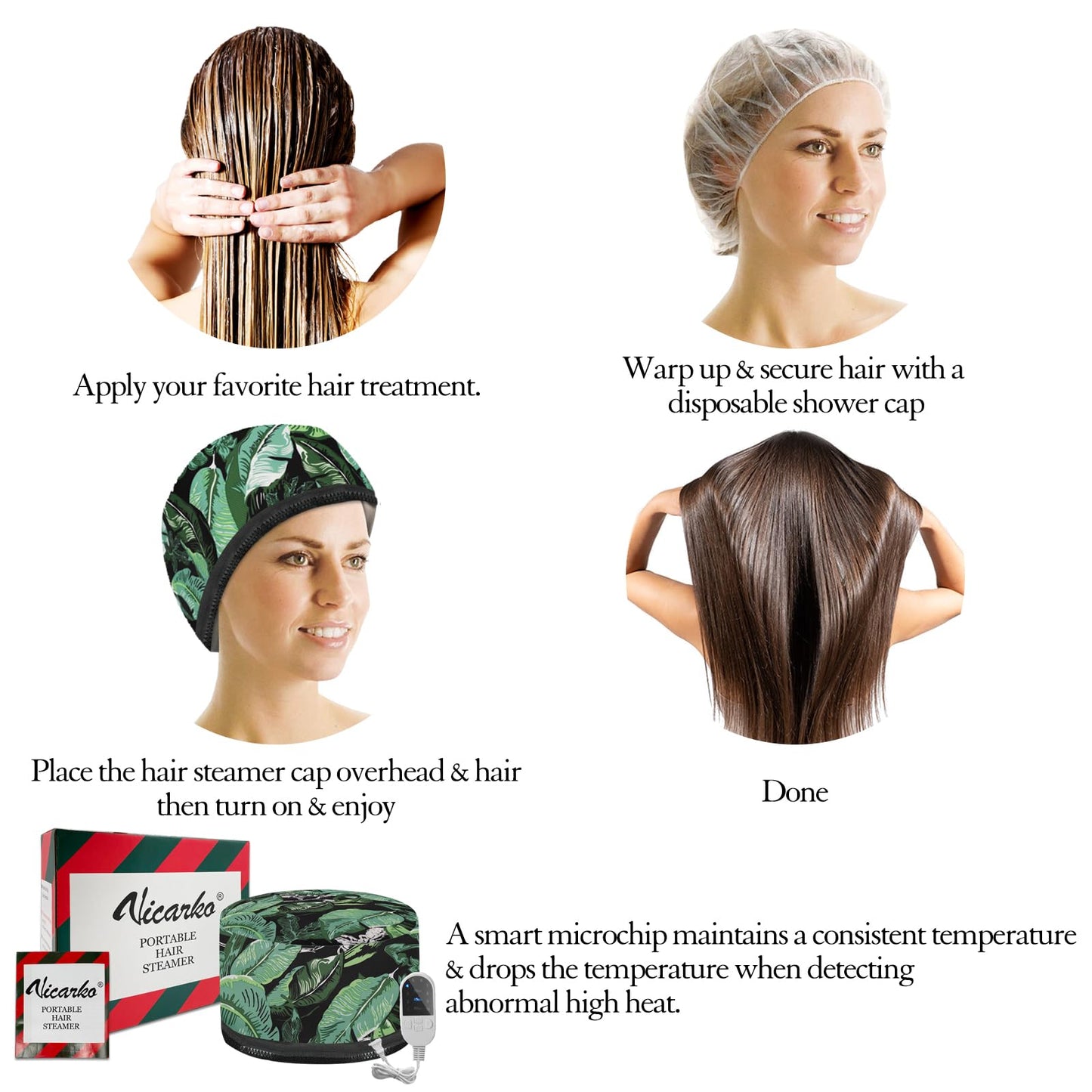 VICARKO Hair Steamer for Deep Conditioning, 10-Level Heats Up Quickly, 118” Power Cord, Heating Cap Hot Oil Treatment Heat, Electric Thermal Heated Steam for Natural Black Hair, Leaf Print