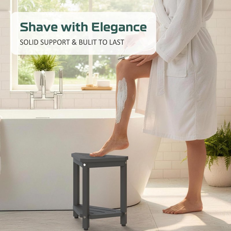 Shower Foot Rest 14in, HIPS Waterproof Shower Stool for Inside Shower, Corner Shower Stool for Shaving Legs with Storage Shelf, Shower Step Stool for Small Space, Plastic Corner Shower Bench, Grey
