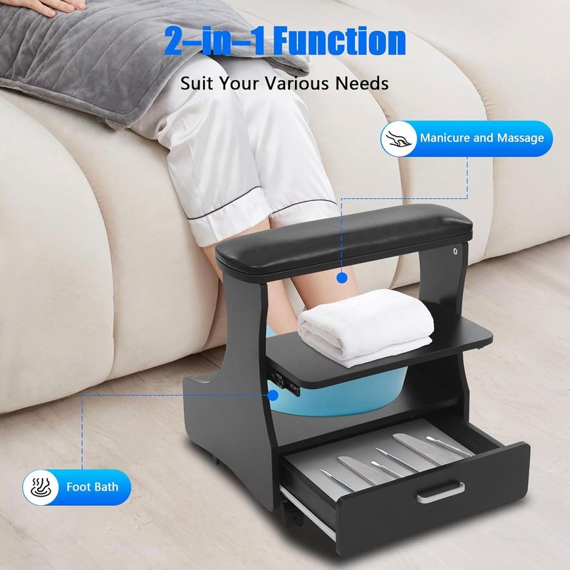 Portable Foot Rest Pedicure Trolley - 4 Wheels with Brakes, Practical Drawer | Black Spa Cart for Beauty Salons