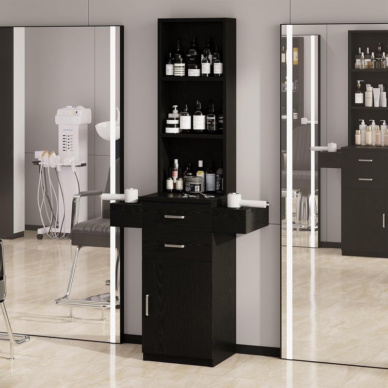 Salon Station for Hair Stylists - Black Barber Station with Hair Dryer Holder | Professional Hair Salon Equipment