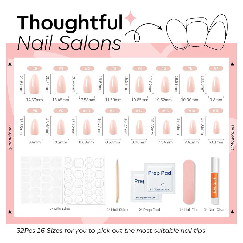 Chrome Pink Press-On Nails - Summer Pearl Short Almond Fake Nails | Reusable Nail Kit with Glue & Mini File, 32 Pcs in 16 Sizes