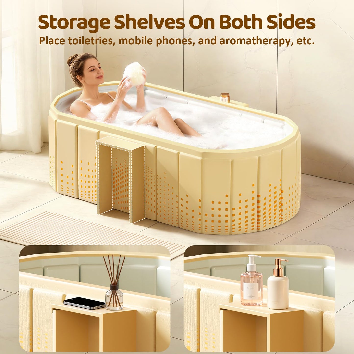 HLCZLUZ Portable Foldable Bathtub, Freestanding Bathtub No Installation, Bathroom SPA Soaking Bath Tub, Shower Stall Collapsible Hot & Ice Bath Tub (Yellow with Storage Rack, 59"L x 21.6"W x 19.6"H)