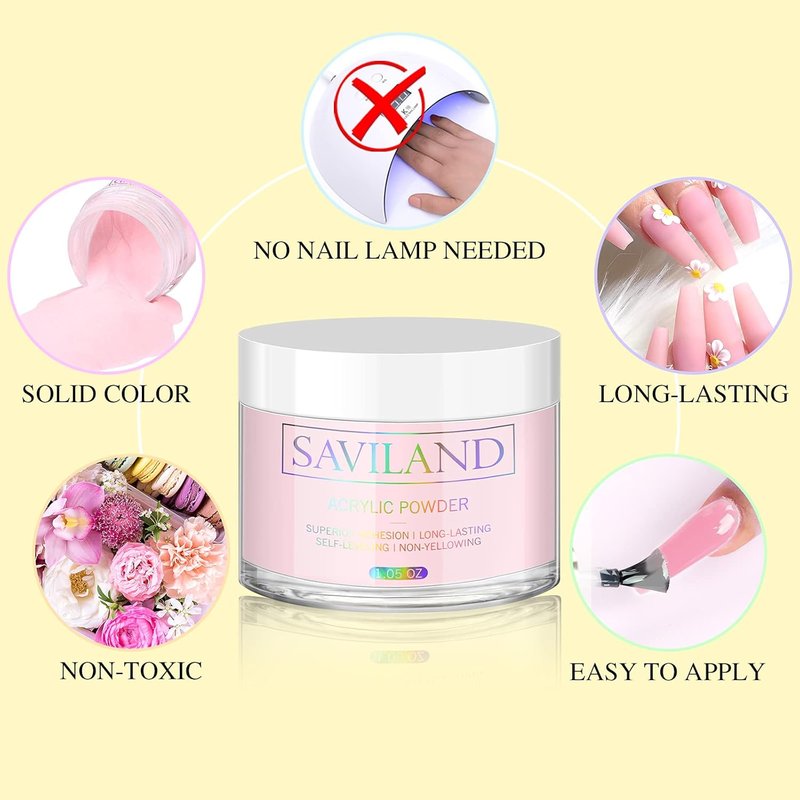 Saviland Pink Acrylic Powder - 30g Professional Colored Nail Polymer for DIY French Manicure & 3D Art
