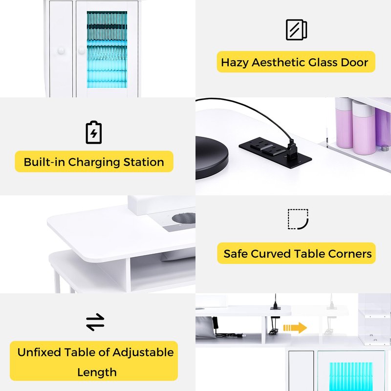 Kikihouse Manicure Table with LED Light, Nail Desk Nail Tech Table w/Dust Collector & Charging Station, Nail Station w/Removable Acrylic Storage Shelf, Drawers & Glass Door Cabinet, White
