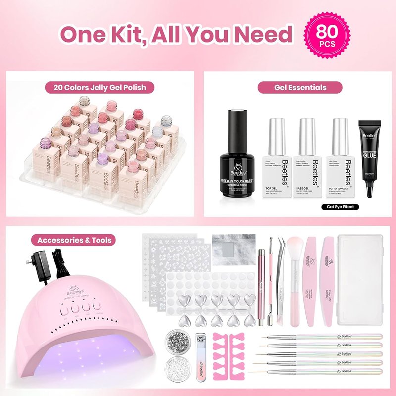 Beetles 80 Pcs Gel Nail Kit with U V Light -20 Color Jelly Gel Nail Polish Set Milky Nude Red Purple Glitter Sheer Daylight Nails Kit with Cat Eye Top Coat Rubber Base DIY Salon Gifts for Women Gilrs