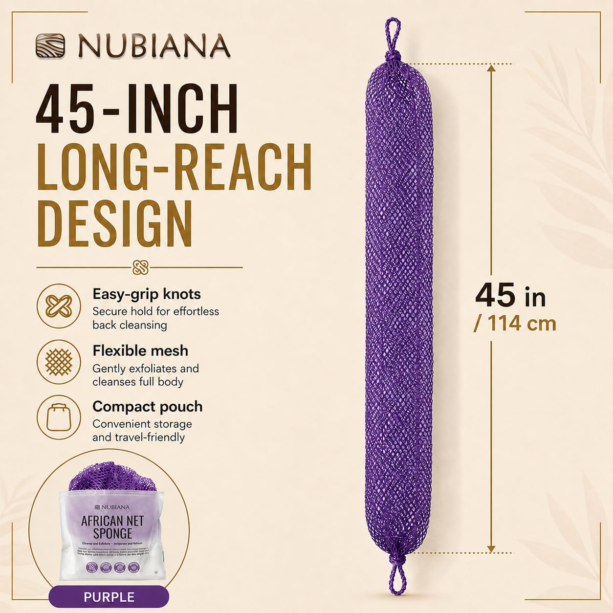 Nubiana African Net Sponge Authentic with Knots, 45 Inch Handwoven Nigerian Exfoliating Body Sponge with Handles, Quick-Drying Nylon Mesh Body Scrubber, Reusable Bath Sponge (Purple)