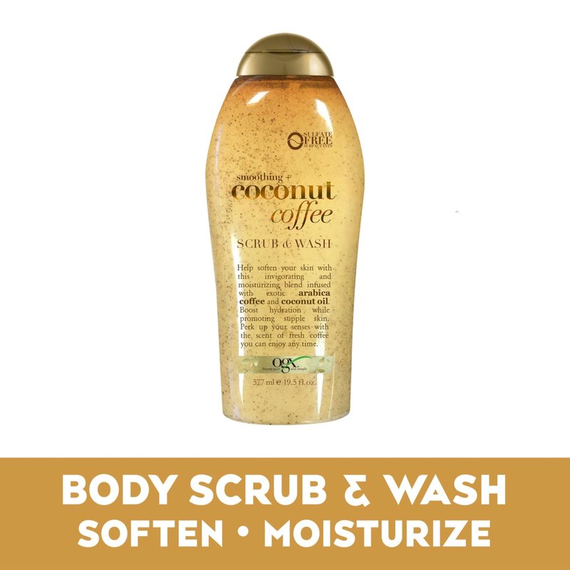 OGX Smoothing + Coconut Coffee Exfoliating Body Scrub with Arabica Coffee & Coconut Oil, Moisturizing Body Wash for Dry Skin, Paraben-Free with Sulfate-Free Surfactants, 19.5 Fl Oz (Pack of 2)