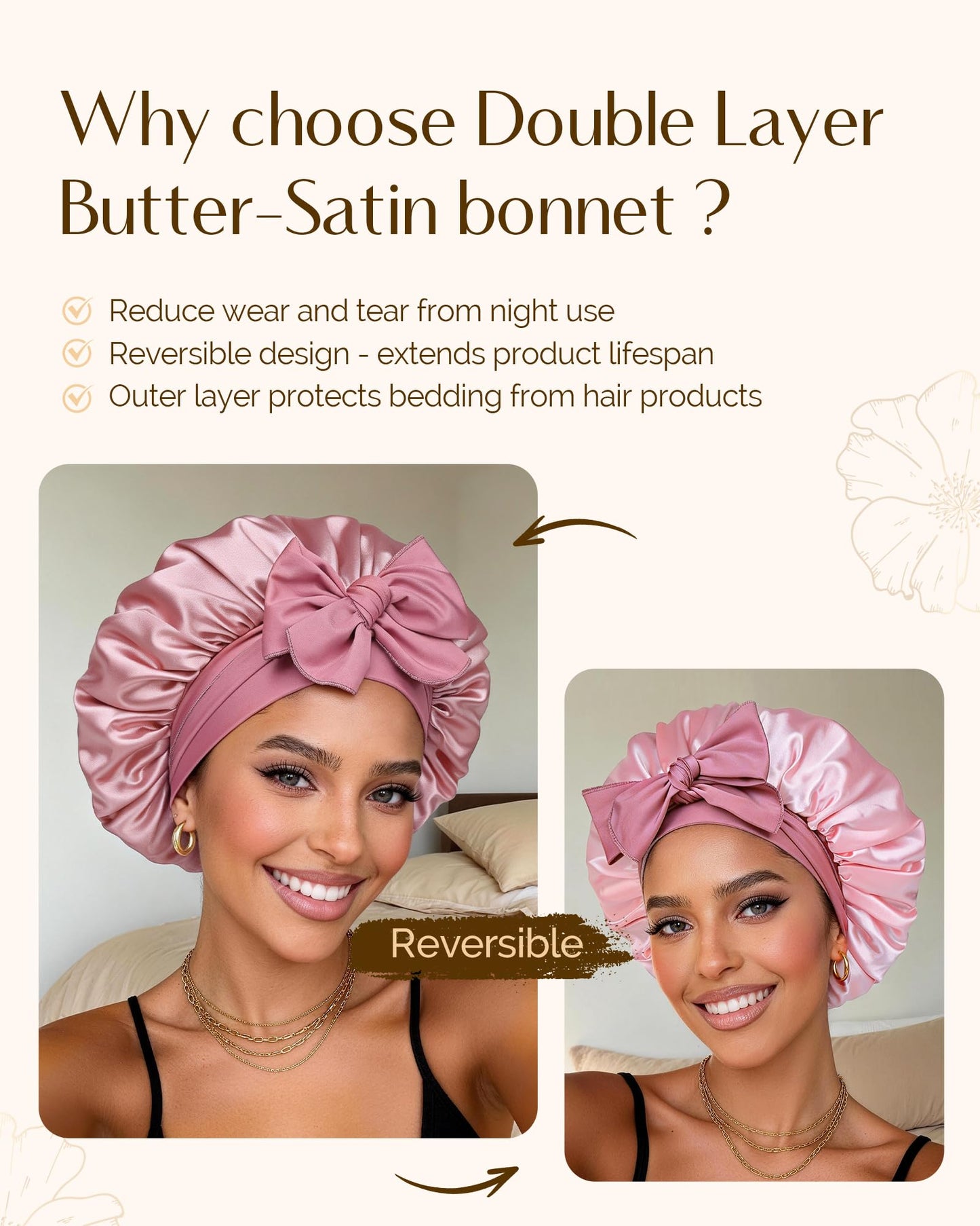 YANIBEST Adjustable Double Layer Satin Bonnet, Silk Hair Bonnet for Sleeping with Elastic Tie Curly Natural Hair Reduce frizz, Beanpaste Pink