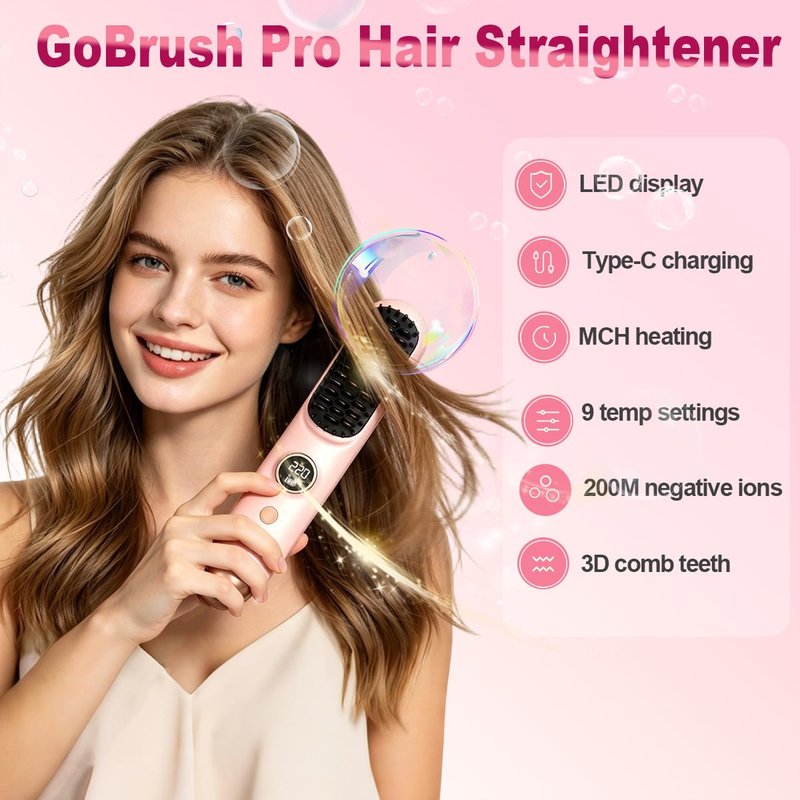 Go Brush Pro 2026 Upgraded Cordless Hair Straightener Brush for Short Hair, LED Display, MCH Heating, 9 Heat Settings 120°C–220°C (248°F–428°F), 200M Negative Ions