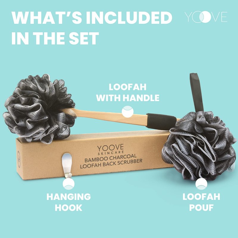 Loofah with Handle | Bamboo Charcoal Infused Loofah Back Scrubber for Shower | Exfoliating Back Loofah for Shower for Men & Women | Includes 1 Loofah on a Stick,1 Loofa Pouf and 1 Hook