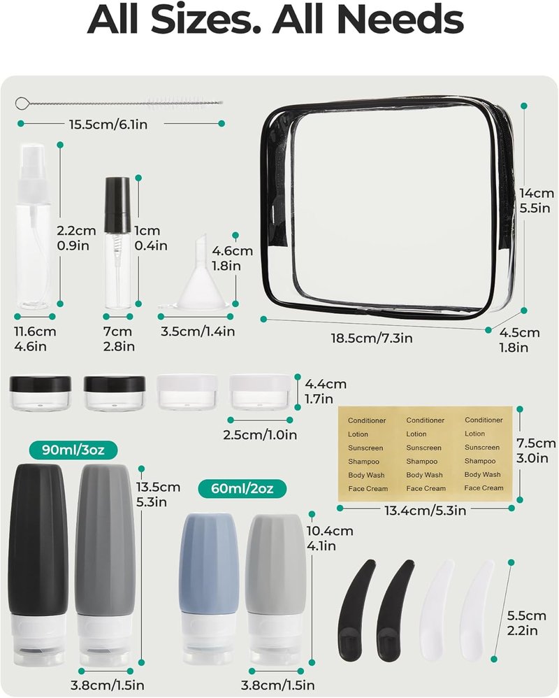 BAGSMART Travel Bottles - 18 Pack TSA Approved Leak-Proof Silicone Containers for Toiletries | Grey