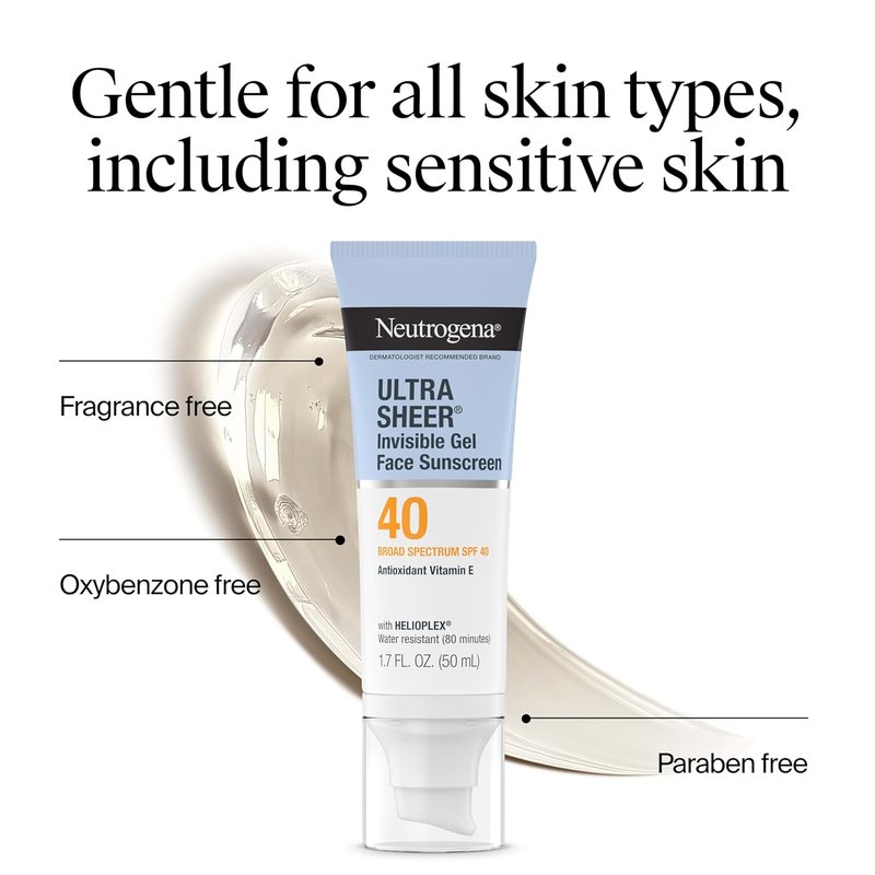 Neutrogena Ultra Sheer Face Sunscreen Gel SPF 40 - Matte Finish, Moisturizer & Makeup Primer, 1.7 oz