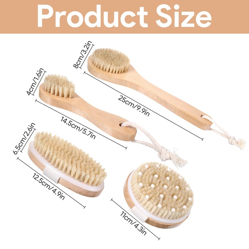 4Pcs Dry Brushing Body Brush Set, Dry Brush Natural Bristle for Back Massage Lipedema Shower Lymphatic Drainage and Cellulite Treatment Improve Blood Circulation, Bath Scrubber for Body