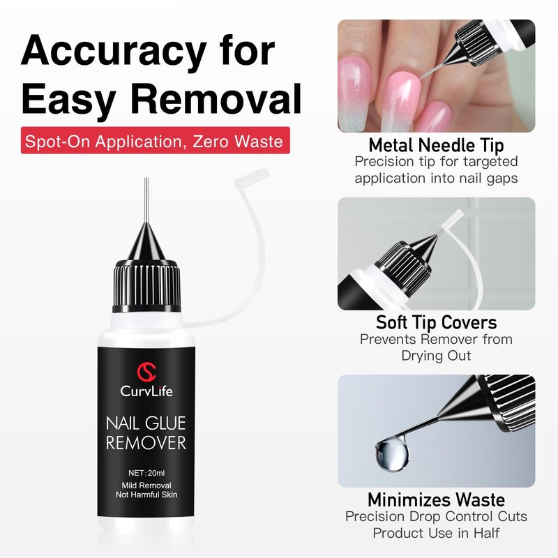 Curvlife 20ml Pinpoint Nail Glue Remover for Press on, Multi-Functional Remover for Nails Tips, Gentle Glue Remover for Gel x Nails, Non-Acetone Nail Polish Remover