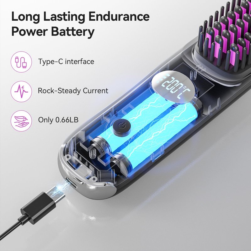 Go Brush Pro 2026 Negative Ionic Cordless Hair Straightener Brush Fast Heating Ceramic Brush for Women Portable Straightener Brush Smooth Frizz Free Hair Brush CP-S8