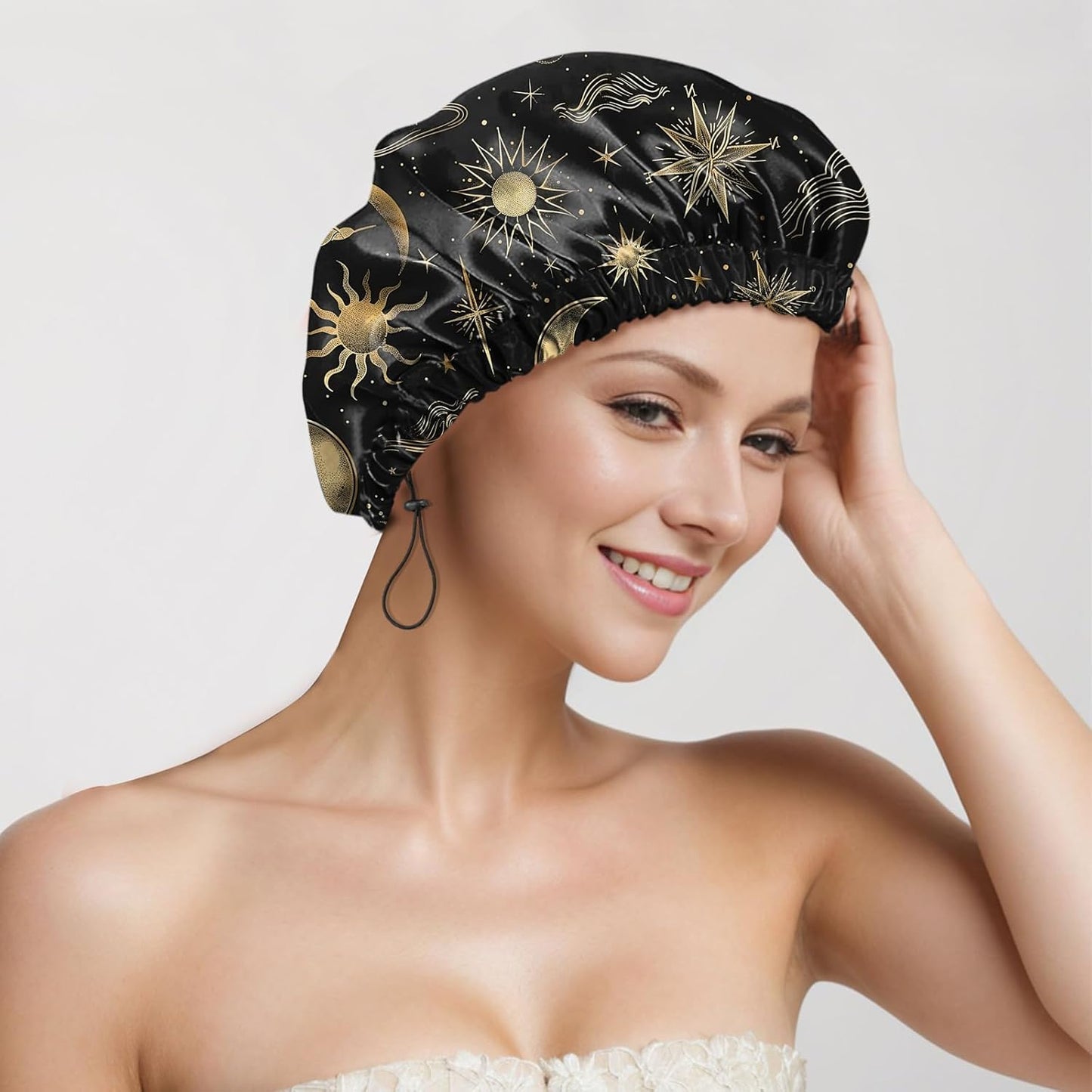 Skiennix Reusable Shower Cap - Waterproof Double Layer Design for Dry Hair | Aesthetic Sun & Moon Leaf Print - 2 Pack