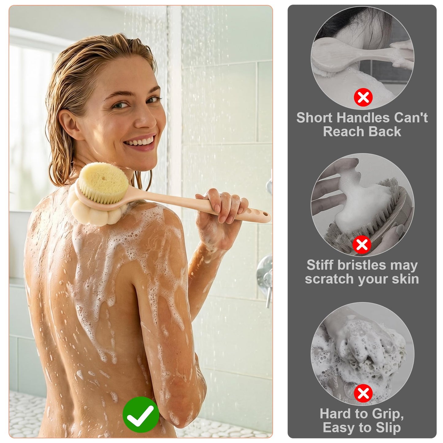 Back Scrubber for Shower with Long Handle, Double-Sided Shower Brush for Body, Loofah Back Scrubber & Bristle Bath Brush, Back Brush for Shower Exfoliating Hard-to-Reach Areas, Bath Brush Long Handle