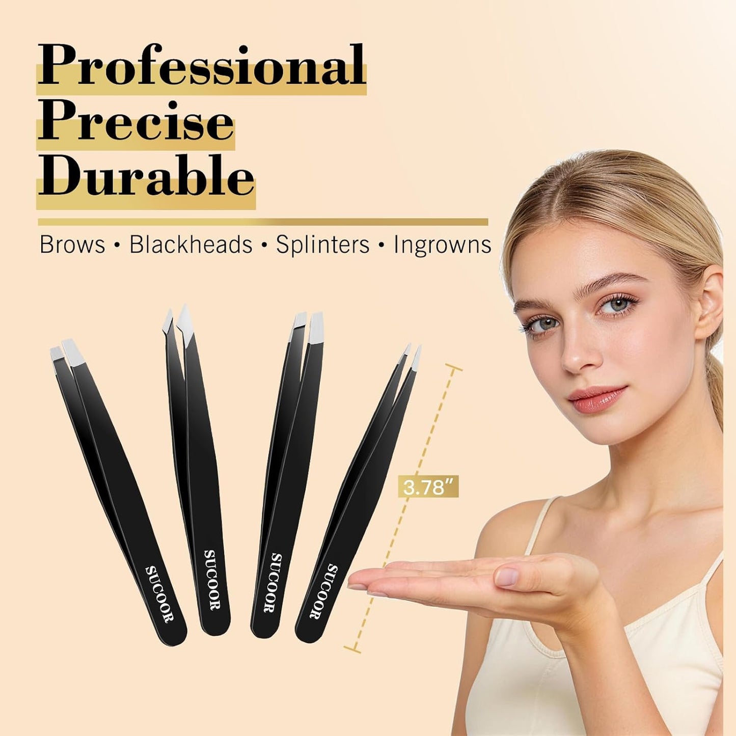 Skiennix Precision Eyebrow Tweezers - 4Pcs Stainless Steel Beauty Tools for Facial Hair Removal | Black
