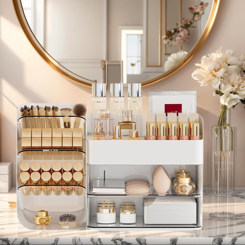 Makeup Organizer - 2 Drawer Cosmetic Storage Case with Brush Holders | Vanity & Bathroom Countertop Organizer (White, Medium)