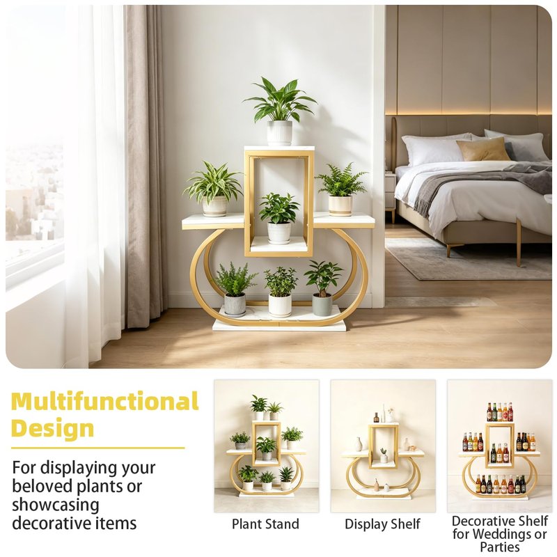 BAINAHUAN Plant Stand for Indoor & Outdoor Use – Gold Tiered Multi-Tier Flower Pot Holder for Living Room, Bedroom, Balcony – Modern Home Decor Storage Rack With Marble-Patterned Shelves