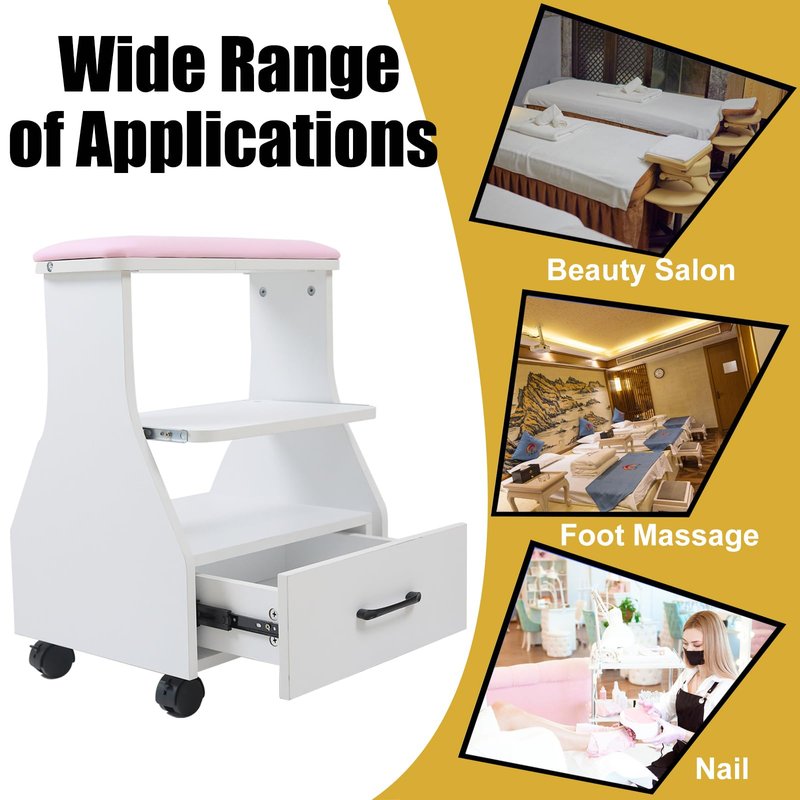 Rindaix Portable Pedicure Foot Rest with Wheels, Pedicure Stool, Trolley for Foot Bath, Spa Cart, Nail Stand, Manicure Furniture for Beauty Salon or Nail Tech Spa, Massage Station (Pink)