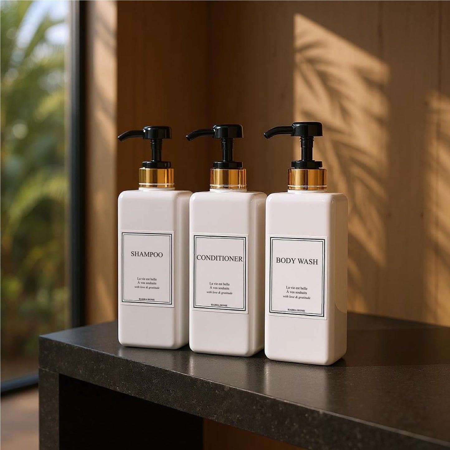Modern Gold Design Shampoo and Conditioner Dispenser, Large 27oz Shower Soap Dispenser, Set of 3 Refillable Empty Plastic Pump Bottles for Bathroom and Body Wash (6 Waterproof Labels Included)