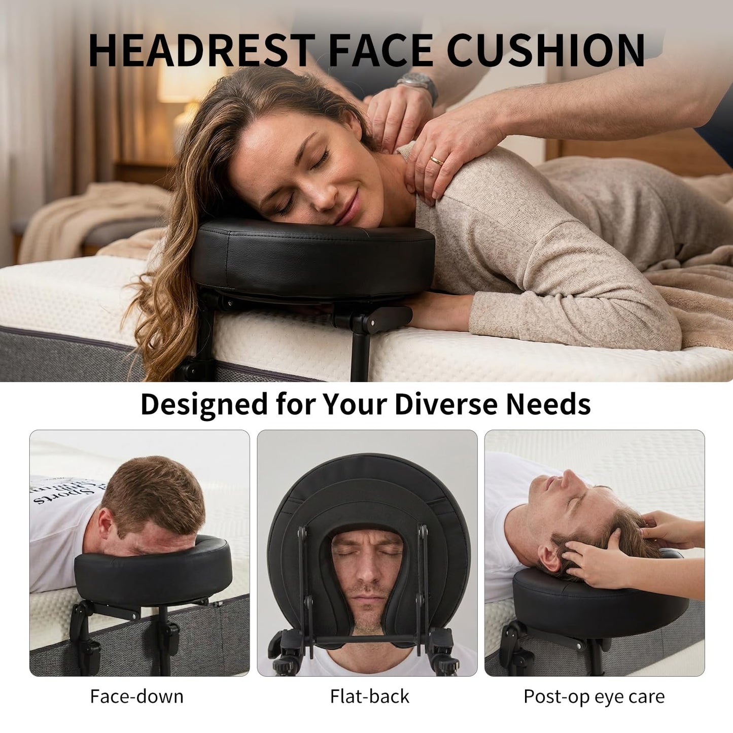 teijbo Massage Headrest for Bed,Adjustable Home Massage Face Cradle, No-Tools Assembly Massage Table Kit, Portable Face Down Pillow After Eye Surgery (Black)