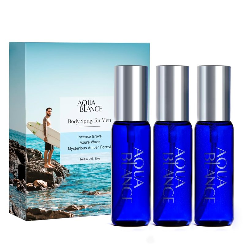 Aqua Blance Men's Body Spray - Long Lasting Fragrance | 3-Pack Travel Size, 2.1 Fl Oz Each, Notes of Lemon, Amber, Oud, Leather