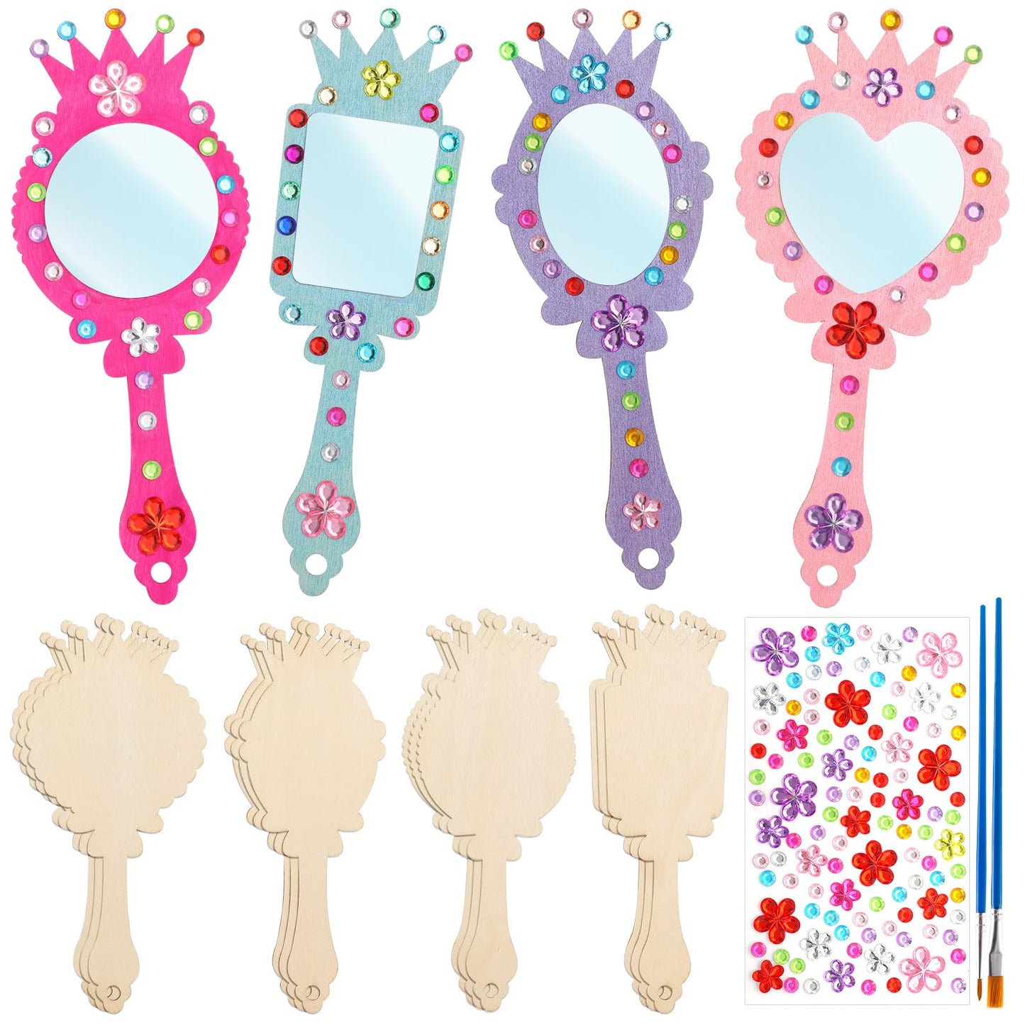 XJWWHZ 12 Pack Wooden Mirror Craft for Kids, DIY Princess Mirrors for Girls, Paint Wooden Hand Mirror for Art Activities