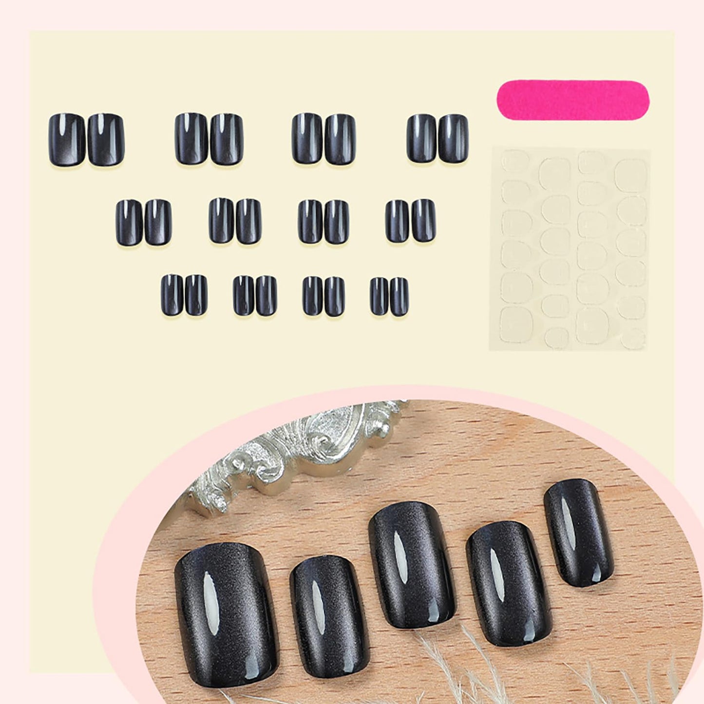 Skiennix Short Square Press On Nails - Black Glitter Glossy Full Cover | Reusable Artificial Nails for Women
