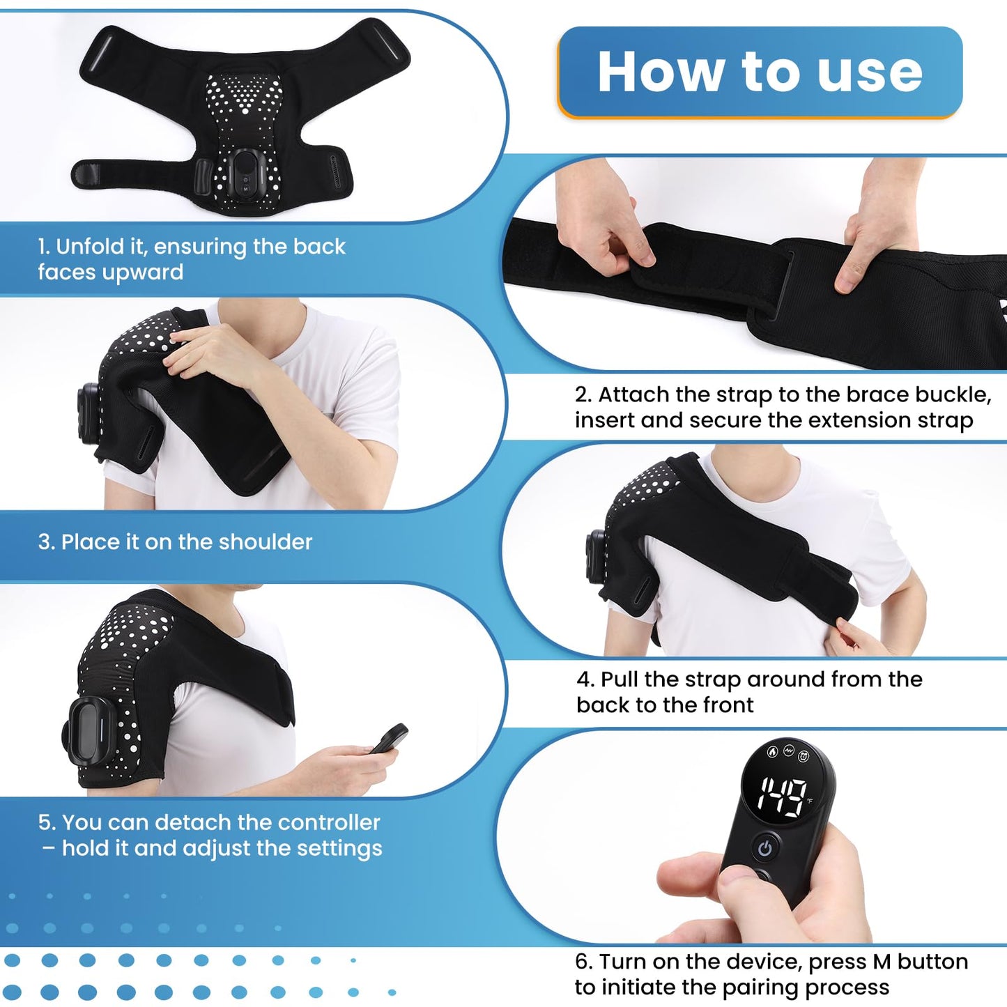 YUANBO Cordless Shoulder Heating Pad, Portable Shoulder Massager Heated Shoulder Wrap & Brace with Massage for Men Women, Remote Control (Black)