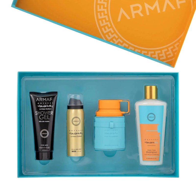 Armaf Odyssey Mandarin Sky – Citrus, Amber, Vanilla – 4-Piece Gift Set for Men (3.4 oz Eau de Parfum + 3.4 oz Shower Gel + 1.7 oz Body Spray + 8.4 oz Shampoo)