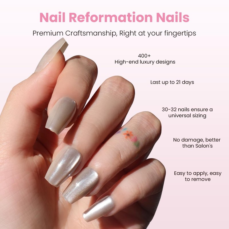 Nail Reformation Press On Nails, Glazed Over | Metallic Shimmer Short Coffin Fake Nails with Glossy Finish, Reusable Natural Stick On Nails Kit - 30 Pcs in 15 Sizes with Glue, Manicure Gifts for Women