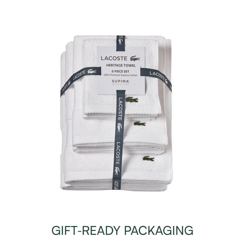 Lacoste Heritage Anti-Microbial Supima Cotton 6-Piece Towel Set, 2 Bath Towels, 2 Hand Towels, 2 Washcloths, White – Highly Absorbent & Quick Drying, Bathroom Essential, Machine Washable