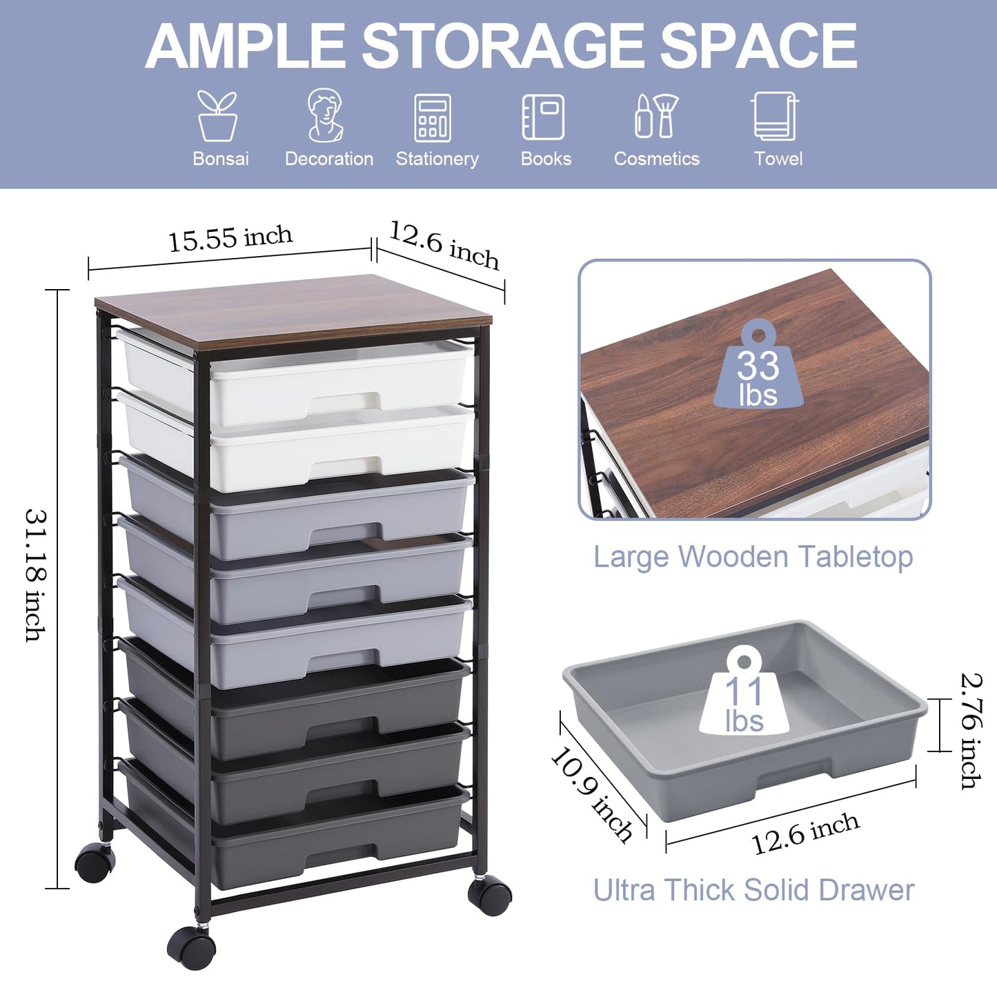 SYKIARIOL Rolling Cart with Drawers,Utility Cart With 8 Drawers and Wooden Tabletop for Living Room,Classroom,Bedroom,Bathroom,Dorm,Office,Dark Grey