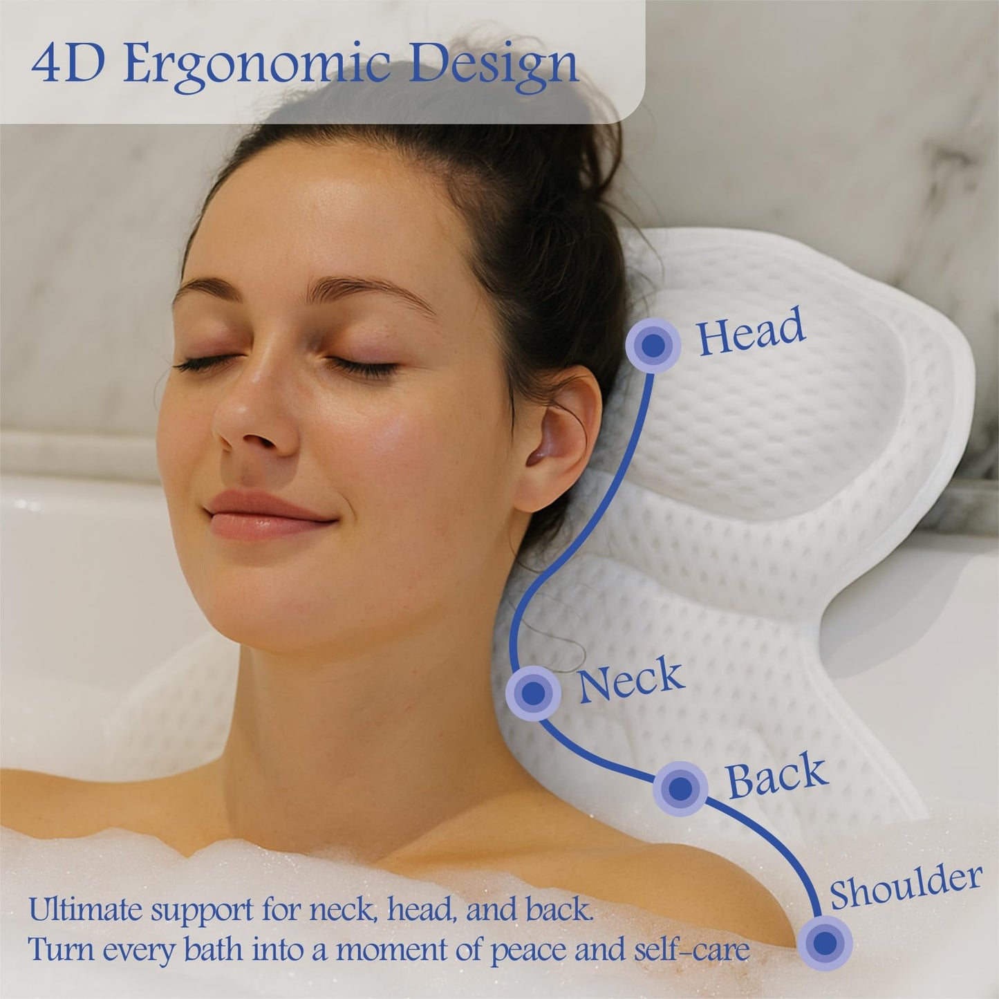 Luxury Bath Pillow for Tub – Neck & Back Support with Soft 4D Mesh, Non-Slip Suction Cups, Spa Gift Set with Exfoliating Sponge & Scalp Massager