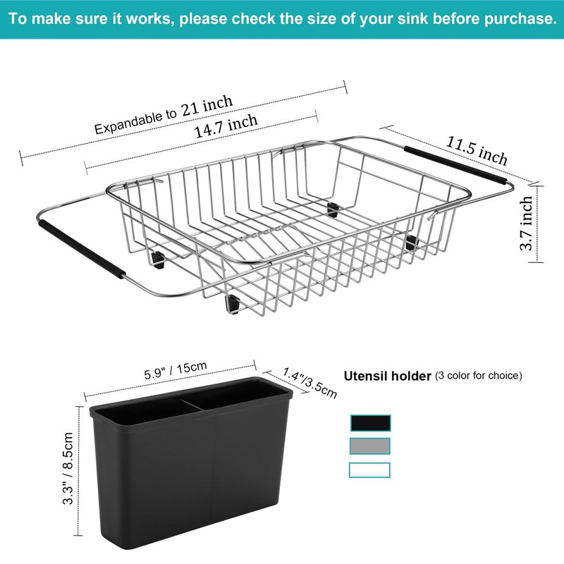 iPEGTOP Expandable Dish Drying Rack, Over The Sink Dish Rack, in Sink Or On Counter Dish Drainer with Black Utensil Holder Cutlery Tray, Rustproof Stainless Steel for Kitchen