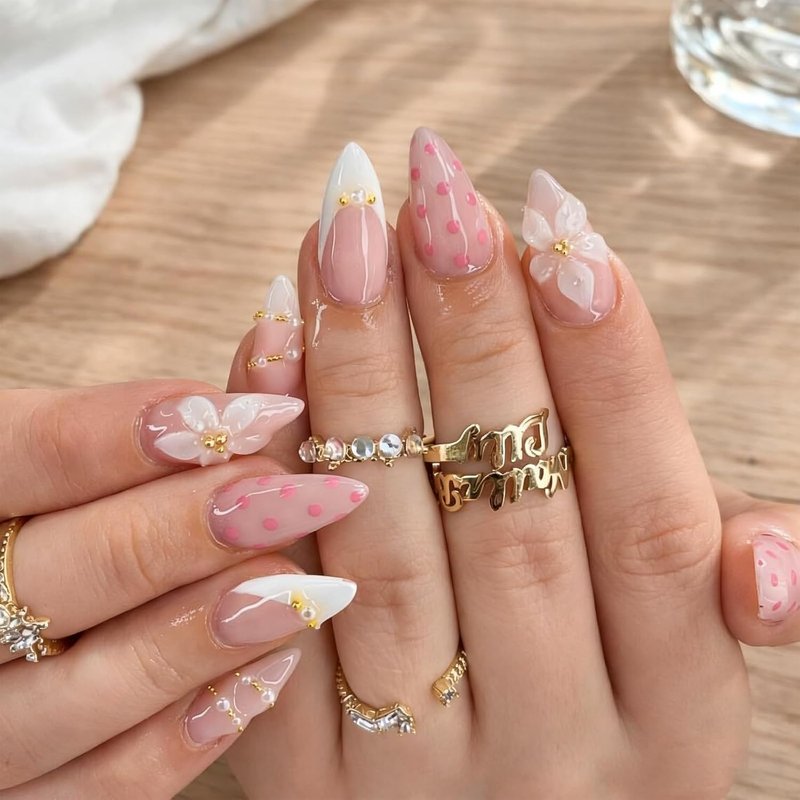 French Tip Press-On Nails - 30 Pcs Long Almond Design with 3D Flowers & Pearls | Glossy Stiletto for Spring Summer Manicure